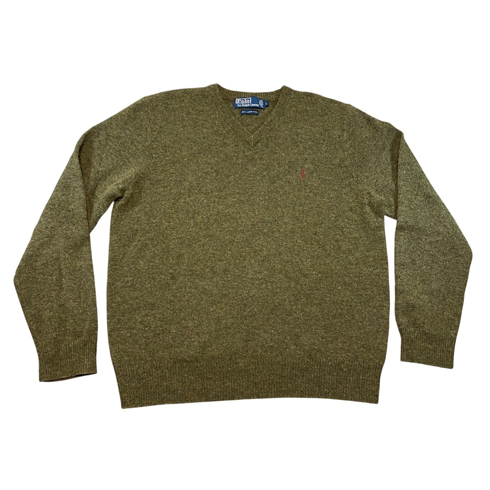 Polo Ralph Lauren Mens V-Neck‎ Sweater Olive Green 100% Lambswool L Purple Pony